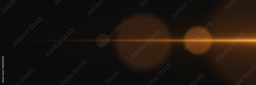 Golden explosion of glare. Magic neon light, horizontal beam. On a transparent background. Golden explosion of glare. Magic neon light, horizontal beam. On a transparent background.