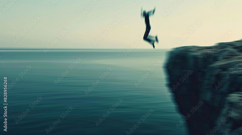 Cliff jump into the ocean. A blurry figure takes a leap of faith off a cliff and into the ocean on a clear day.