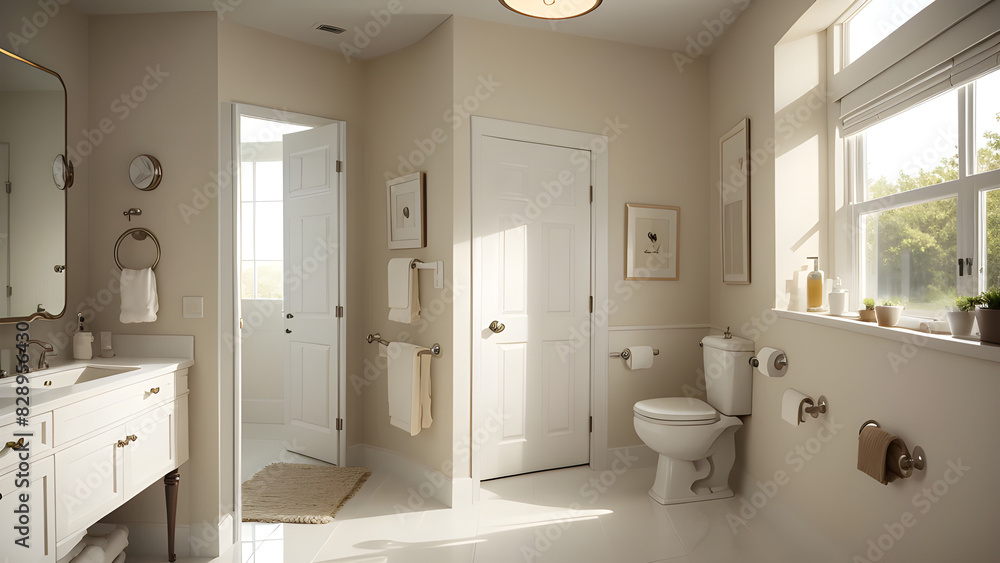 Tranquil, spacious bathroom featuring white fixtures, natural light, and a minimalist design, creating a soothing and clean atmosphere Tranquil, spacious bathroom featuring white fixtures, natural light, and a minimalist design, creating a soothing and clean atmosphere