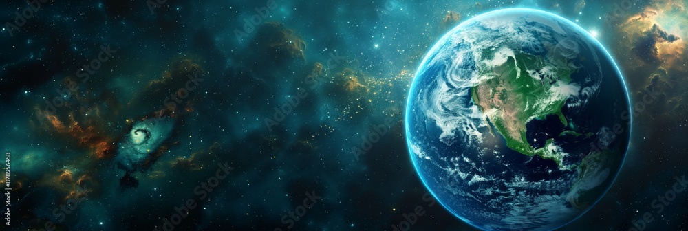 Vivid image of planet Earth with a colorful galaxy in the background Vivid image of planet Earth with a colorful galaxy in the background