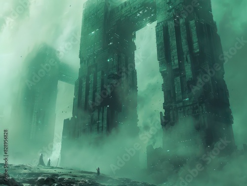 Eerie, mist-shrouded ruins tower in an alien landscape, evoking a sense of mystery and awe. Otherworldly scene with massive stone structures.