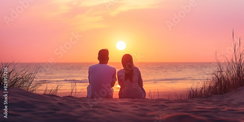Fototapeta Naklejka Na Ścianę i Meble -  A couple sits close together on a beach, watching a beautiful sunset over the ocean, creating a romantic scene
