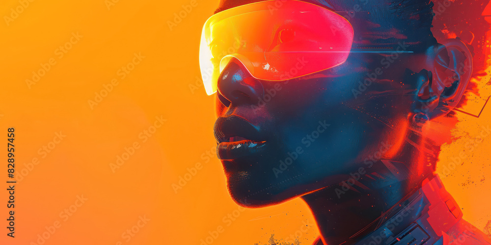 Futuristic portrait of a person with neon virtual reality glasses, vibrant orange and yellow hues, emphasizing technology and modern innovation. Futuristic portrait of a person with neon virtual reality glasses, vibrant orange and yellow hues, emphasizing technology and modern innovation.