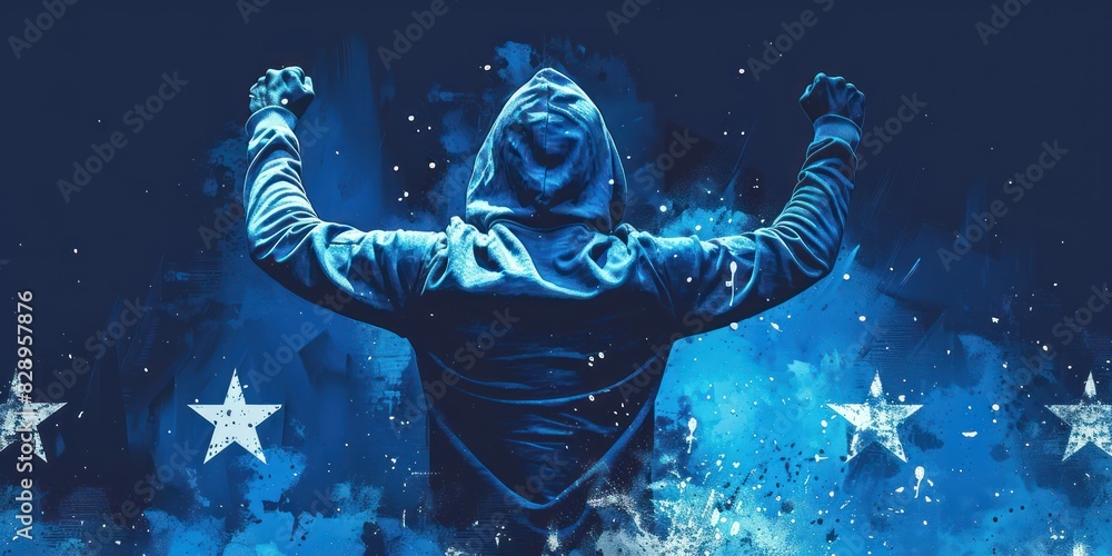 Fototapeta premium Hooded figure in a dark setting with outstretched arms, symbolizing strength and mystery against a starry blue background.