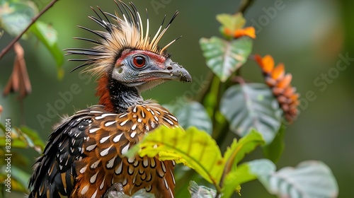 juvenile Hoatzin Opisthocomus hoazin with brown and white feathers and a spiky crest found in Peru South America photo