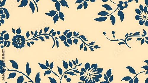 Elegant blue floral patterns on a beige background suitable for wallpaper or textile design. 