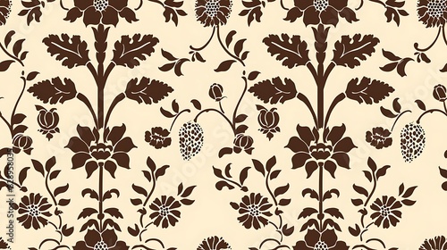 Elegant floral pattern wallpaper design in brown and beige tones. Seamless. Tiled