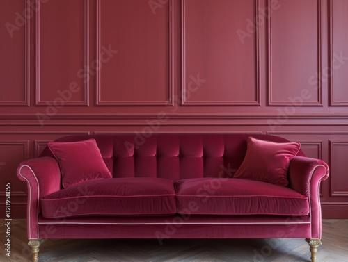 Crimson Velvet Sofa in Art Deco Living Room with Wainscoting