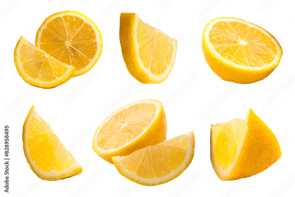 Fototapeta premium Set of fresh whole and cut Lemon and slices isolated on white background. From top view.