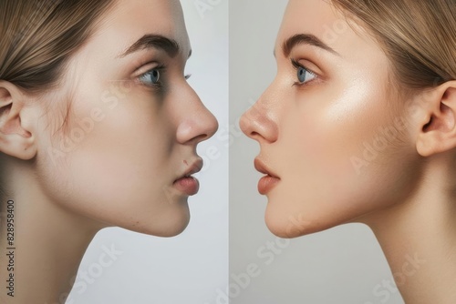 A woman face with guide markings for cosmetic surgery on one side and the post procedure smooth skin on the other