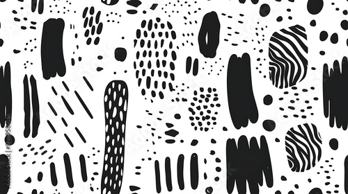 An abstract black and white pattern with various hand-drawn shapes and dots creating a modern artistic background. 