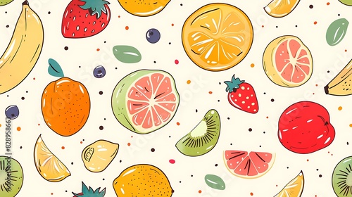 A vibrant and colorful pattern featuring a variety of hand-drawn fruits on a light background with decorative dots 