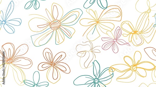 A seamless pattern featuring colorful line art flowers on a white background, ideal for spring-themed designs and decorations  © Vivid Canvas