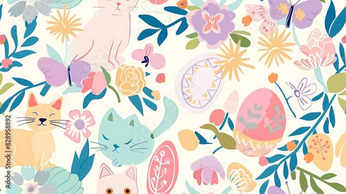 A playful and colorful illustration featuring whimsical cats  floral elements  and Easter-themed designs ideal for spring celebrations. 