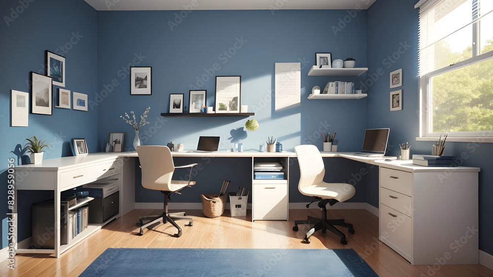 Organized and roomy home office with blue walls, two workstations, and sunlight streaming through the window Organized and roomy home office with blue walls, two workstations, and sunlight streaming through the window