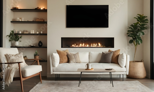 Cozy living room interior featuring an elegant sofa, inviting fireplace, chic furniture, and a touch of greenery for added warmth