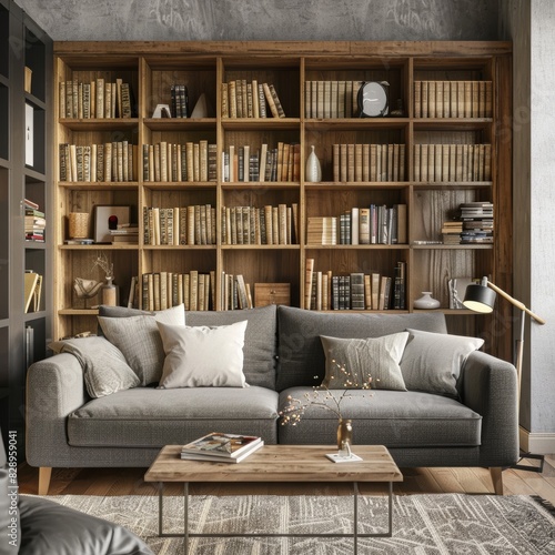 Modern Scandinavian Living Room Interior Design with Grey Sofa against Wooden Bookcase © Spot Decor