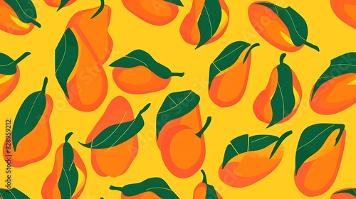 A vibrant pattern featuring stylized illustrations of mangoes and leaves on a yellow background for a fresh  tropical feel. 