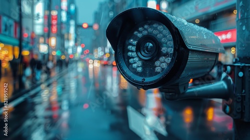 High-definition surveillance camera set against a blurred backdrop of a rainy, neon-lit city street at night