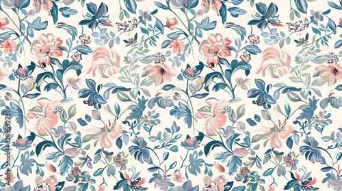 Elegant floral pattern with a variety of stylized flowers and leaves in pastel colors on a light background for design and wallpaper uses. 