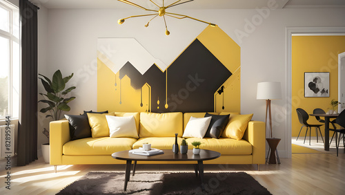 Modern living room with a bold yellow couch, geometric wall decor, and ample natural light from expansive windows