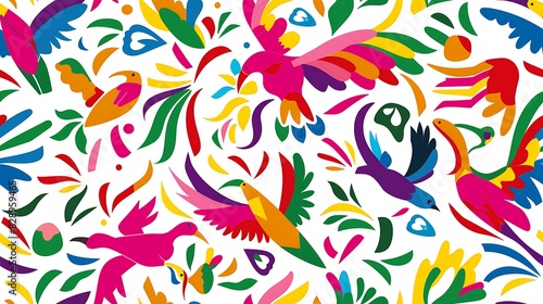 A colorful and vibrant illustration of stylized birds and foliage in a seamless pattern design suitable for various creative backgrounds or textile prints. 