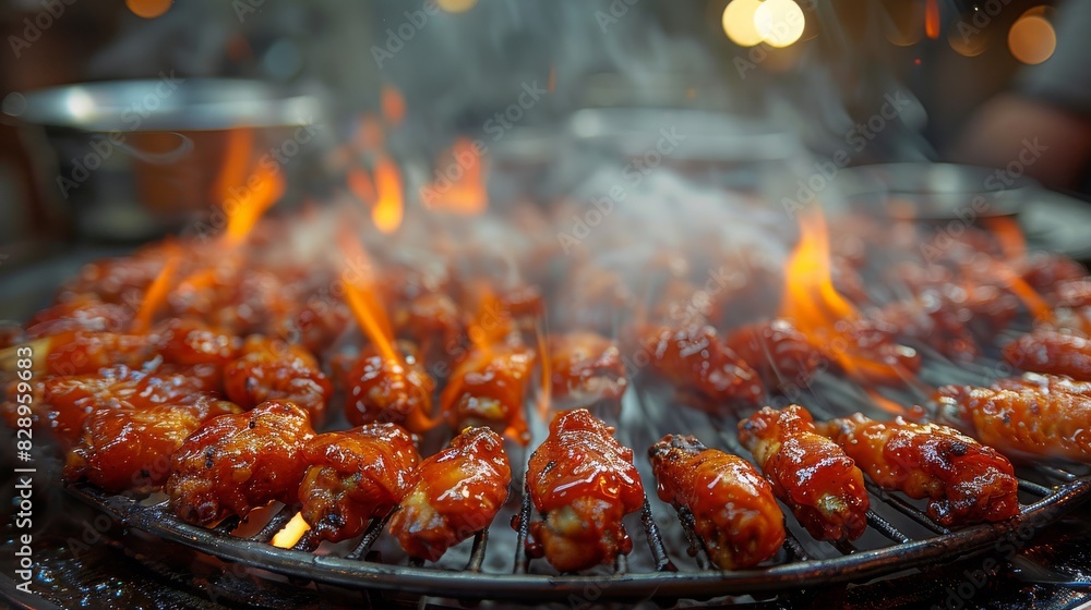 Chicken wings on a round grill, engulfed in bright flames and smoke, highlight culinary mastery and heat