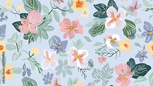 Colorful floral pattern with a variety of flowers and leaves on a pastel blue background for a fresh and cheerful design aesthetic. 