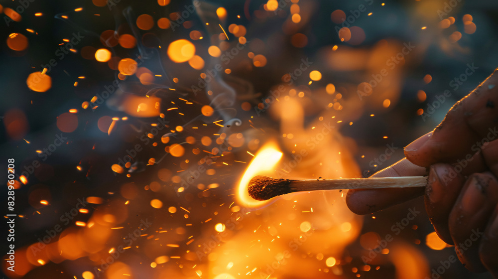 Fototapeta premium Lighting a matchstick with bokeh. A hand lighting a matchstick with a beautiful bokeh background.
