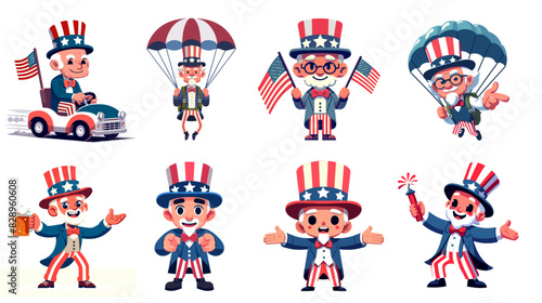 A vector illustration set of patriotic senior citizens dressed as Uncle Sam, enjoying July 4th Independence Day, isolated on a white background