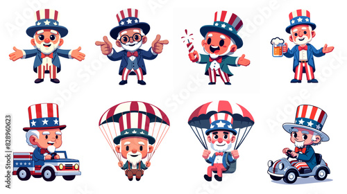 A vector illustration set of patriotic senior citizens dressed as Uncle Sam, enjoying July 4th Independence Day, isolated on a white background