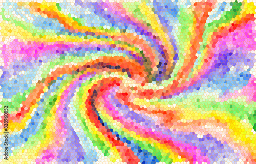 Abstract joyful iridescent mosaic dynamic background. A swirl of rainbow pastel wavy rays in the center of the background. Illustration.