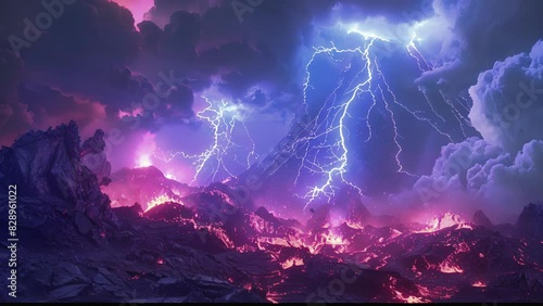 In the midst of the chaos of a volcanic eruption bolts of lightning crackle and light up the sky. photo