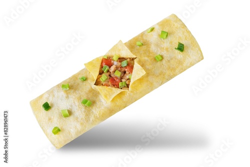 Spicy ground pork stuffed omelette, kai yat sat, on a white isolated background