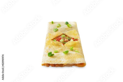 Spicy ground pork stuffed omelette, kai yat sat, on a white isolated background