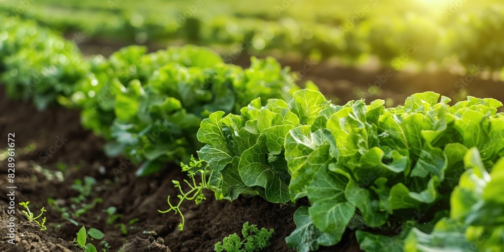 Vibrant, healthy lettuce plants growing in neatly arranged rows on a farm with the warmth of sunrise illuminating the field Vibrant, healthy lettuce plants growing in neatly arranged rows on a farm with the warmth of sunrise illuminating the field