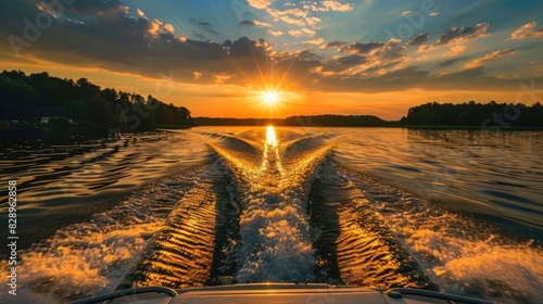 Lake Sunset Boat. Fast Motorboat Gliding on Beautiful Sunset with Bright Sun and Calm Water