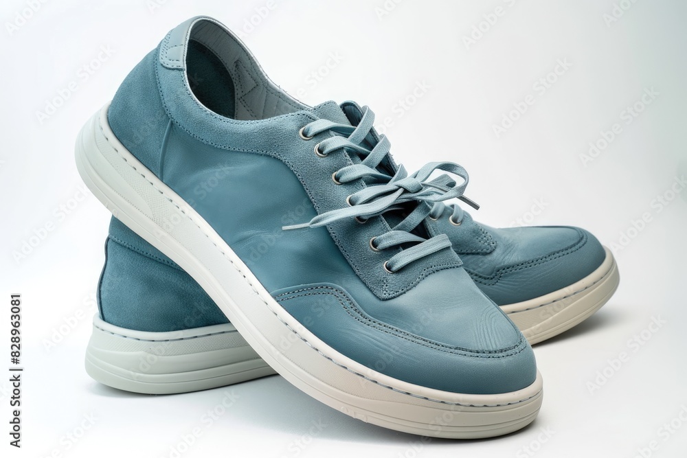 Pair Of Shoes - Elegant Light Blue Sports Shoes in Natural Nubuck Leather for Men on White Background Pair Of Shoes - Elegant Light Blue Sports Shoes in Natural Nubuck Leather for Men on White Background