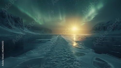 The sun sets on a frozen landscape with Northern Lights illuminating the arctic sky and ice formations