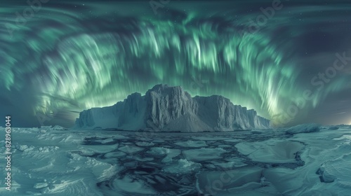 A mesmerizing aurora borealis display sweeps over an icy mountain and frozen terrain in a polar environment photo
