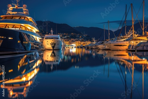 Yachts Luxury. Night lights on White Luxury Yachts in La Spezia Harbor