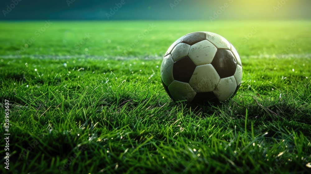 Obraz premium Grass Dark. Soccer Stadium Field with Ball on Background of Tribune and Arena
