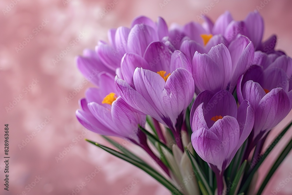Fototapeta premium Bouquet of purple crocuses on a pastel background, in a flat lay. Spring flowers composition from a top view
