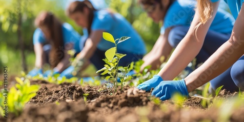 The photo captures a group of individuals in blue shirts planting green seedlings in the soil, promoting sustainability