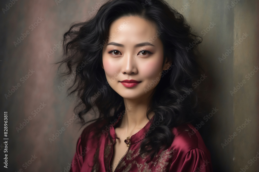 Elegant Chinese Woman with Curly Hair in Red Dress Posing Gracefully Indoors Elegant Chinese Woman with Curly Hair in Red Dress Posing Gracefully Indoors