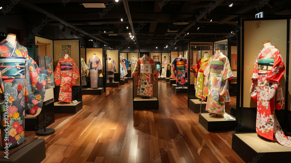 Exhibition of Vibrant Traditional Kimonos in Japanese Museum, AI Generation Exhibition of Vibrant Traditional Kimonos in Japanese Museum, AI Generation