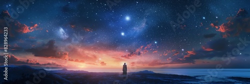 A silhouette of a person standing on a shore looking up at a breathtaking night sky filled with stars and vivid clouds