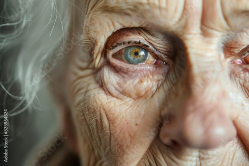 A senior woman gaze with a cataract with the focus on her eye and the expression of concern on her face suggesting the impact of the condition © DK_2020