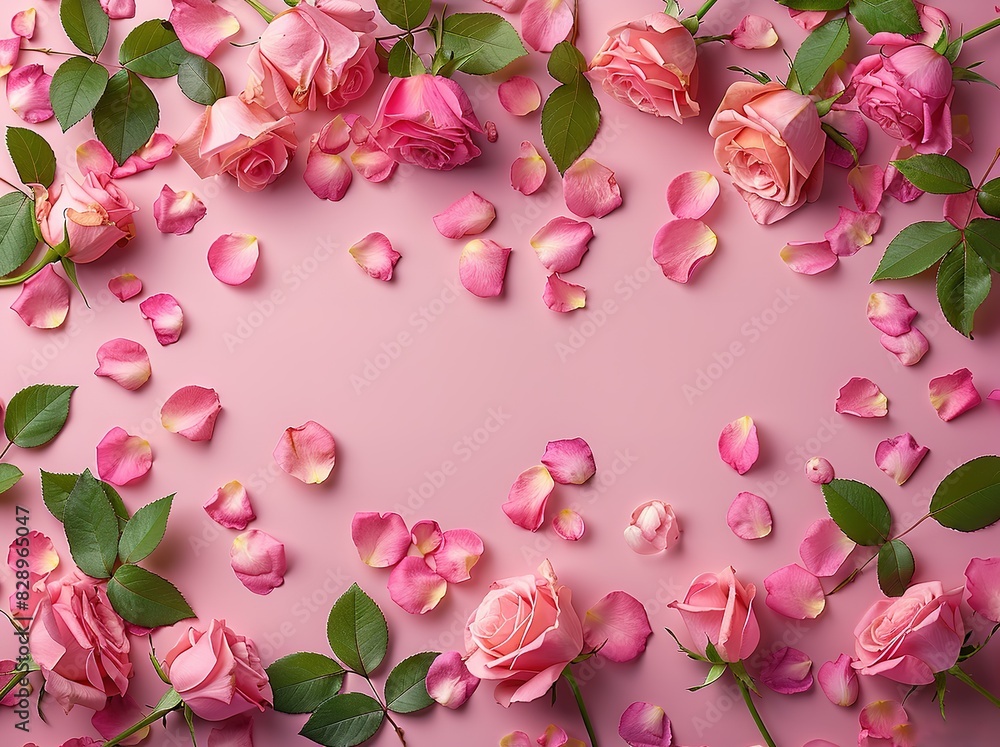 Pink roses with green leaves and pink petals scattered around a pink background Pink roses with green leaves and pink petals scattered around a pink background