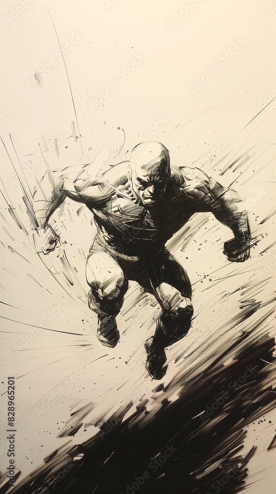 A superhero in a dramatic powerful pose running or jumping towards the camera in a contemporary black and white comic book art style